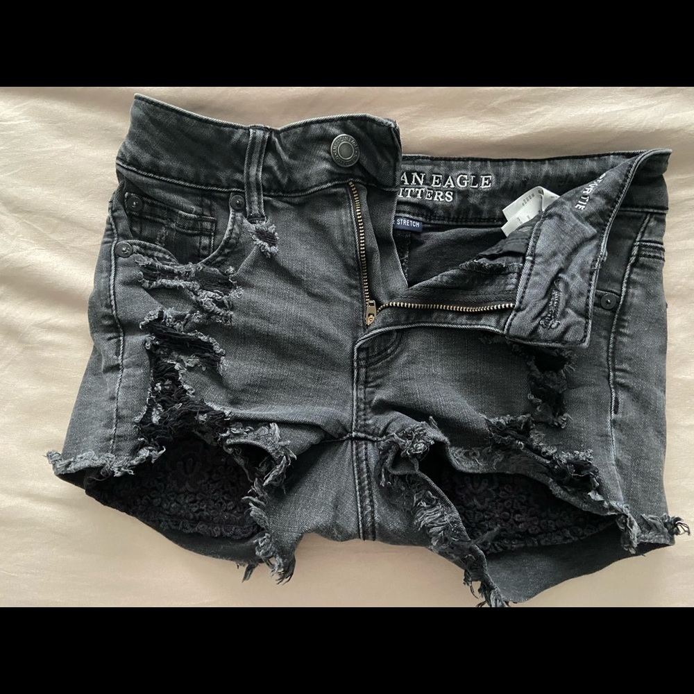 Black American eagle high rise distressed shorts